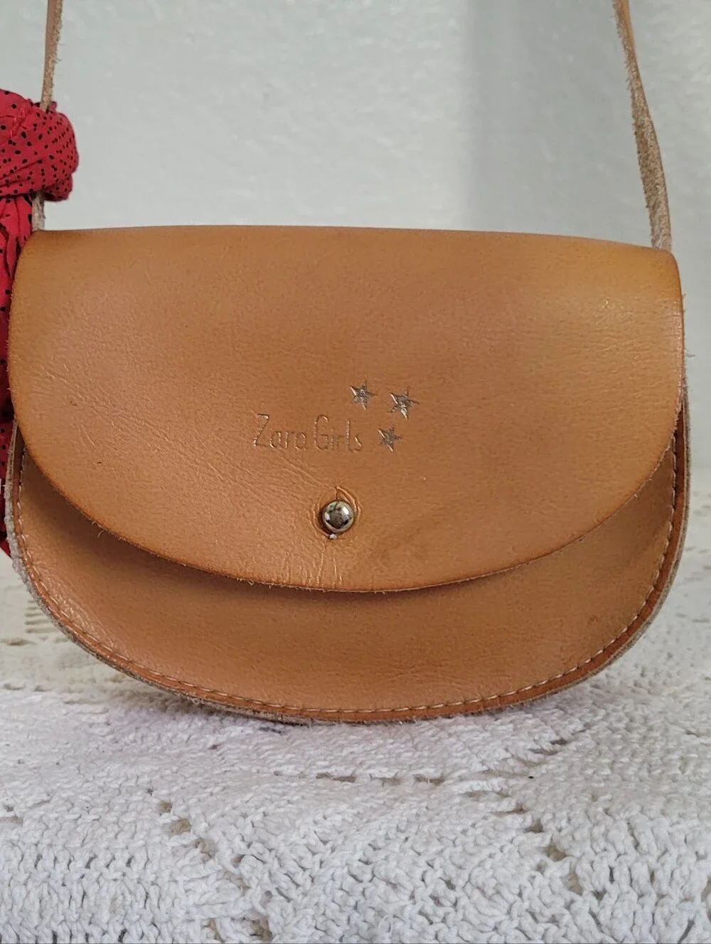 Zara Girls Tan Leather Crossbody Bag Featuring A Distintive Bandana Scarf